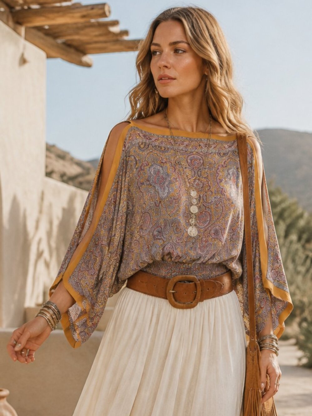 Max Studio Paisley Print Batwing Blouse XS Boho Cropped Smocked Waist Dolman Top